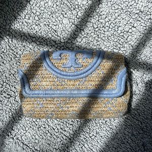 Tory Burch Blue Wood Fleming Straw Clutch